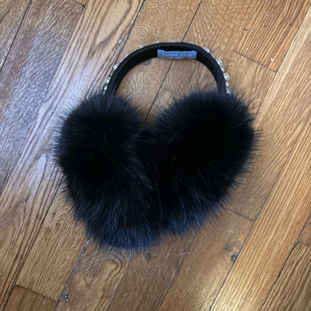 Hill House Black Fur Pom Earmuffs with Crystal Accents